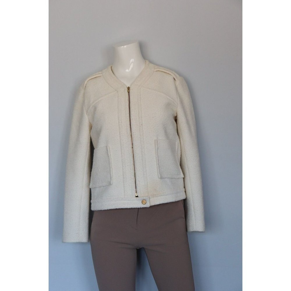 Maje Women's Size 40 Usl Ivory Tweed Jacket Full-Zip Boucle Front Pocket Bomber